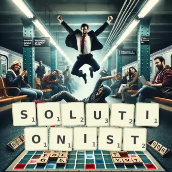 Creative illustration for a Scrabble game with the word SOLUTIONIST spelled out in tiles on the board.