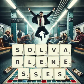 Creative illustration for a Scrabble game with the word SOLVABLENESSES spelled out in tiles on the board.