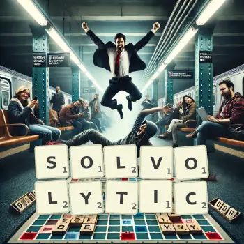 Creative illustration for a Scrabble game with the word SOLVOLYTIC spelled out in tiles on the board.