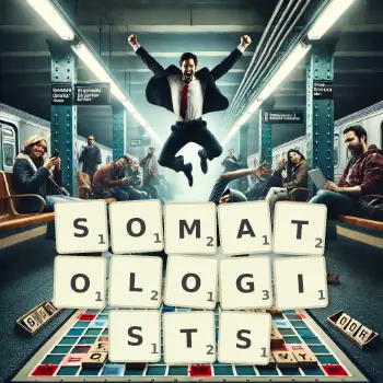 Creative illustration for a Scrabble game with the word SOMATOLOGISTS spelled out in tiles on the board.