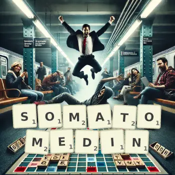 Creative illustration for a Scrabble game with the word SOMATOMEDIN spelled out in tiles on the board.