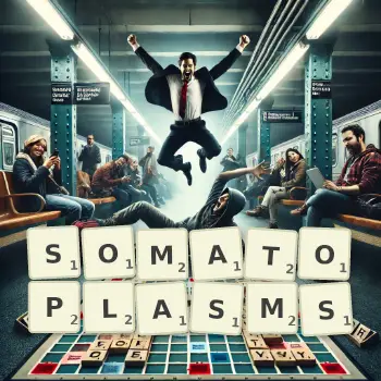 Creative illustration for a Scrabble game with the word SOMATOPLASMS spelled out in tiles on the board.