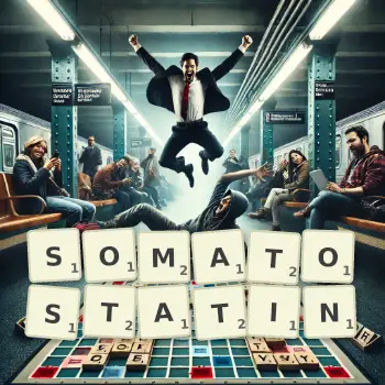 Creative illustration for a Scrabble game with the word SOMATOSTATIN spelled out in tiles on the board.