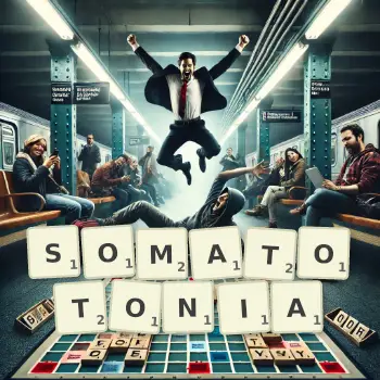 Creative illustration for a Scrabble game with the word SOMATOTONIA spelled out in tiles on the board.
