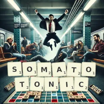 Creative illustration for a Scrabble game with the word SOMATOTONIC spelled out in tiles on the board.