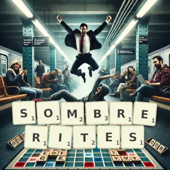 Creative illustration for a Scrabble game with the word SOMBRERITES spelled out in tiles on the board.