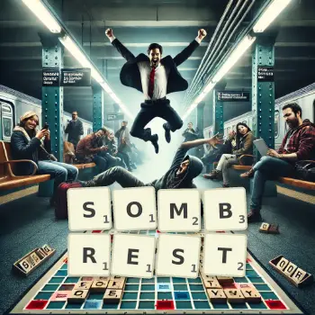 Creative illustration for a Scrabble game with the word SOMBREST spelled out in tiles on the board.