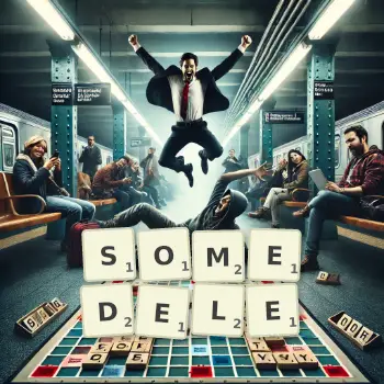 Creative illustration for a Scrabble game with the word SOMEDELE spelled out in tiles on the board.