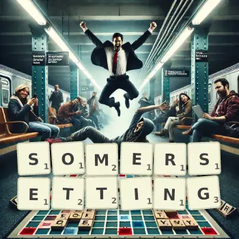Creative illustration for a Scrabble game with the word SOMERSETTING spelled out in tiles on the board.