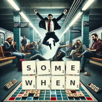 Creative illustration for a Scrabble game with the word SOMEWHEN spelled out in tiles on the board.