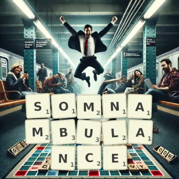 Creative illustration for a Scrabble game with the word SOMNAMBULANCE spelled out in tiles on the board.