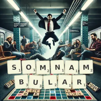 Creative illustration for a Scrabble game with the word SOMNAMBULAR spelled out in tiles on the board.