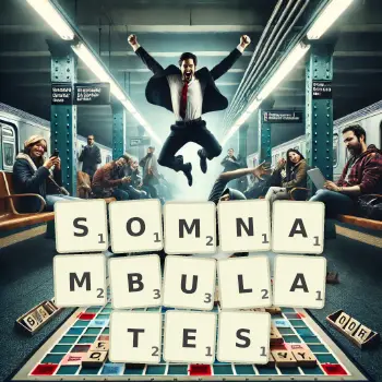 Creative illustration for a Scrabble game with the word SOMNAMBULATES spelled out in tiles on the board.