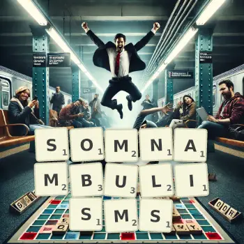 Creative illustration for a Scrabble game with the word SOMNAMBULISMS spelled out in tiles on the board.