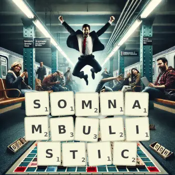 Creative illustration for a Scrabble game with the word SOMNAMBULISTIC spelled out in tiles on the board.