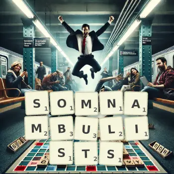 Creative illustration for a Scrabble game with the word SOMNAMBULISTS spelled out in tiles on the board.