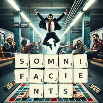 Creative illustration for a Scrabble game with the word SOMNIFACIENTS spelled out in tiles on the board.
