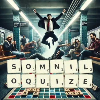 Creative illustration for a Scrabble game with the word SOMNILOQUIZE spelled out in tiles on the board.