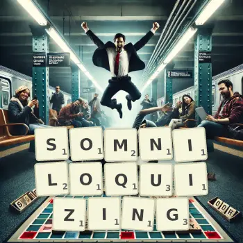 Creative illustration for a Scrabble game with the word SOMNILOQUIZING spelled out in tiles on the board.