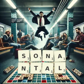 Creative illustration for a Scrabble game with the word SONANTAL spelled out in tiles on the board.