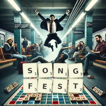 Creative illustration for a Scrabble game with the word SONGFEST spelled out in tiles on the board.