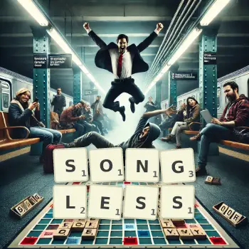 Creative illustration for a Scrabble game with the word SONGLESS spelled out in tiles on the board.
