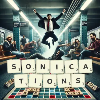 Creative illustration for a Scrabble game with the word SONICATIONS spelled out in tiles on the board.