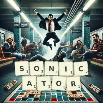 Creative illustration for a Scrabble game with the word SONICATOR spelled out in tiles on the board.