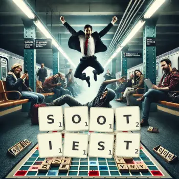 Creative illustration for a Scrabble game with the word SOOTIEST spelled out in tiles on the board.