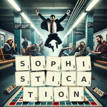 Creative illustration for a Scrabble game with the word SOPHISTICATION spelled out in tiles on the board.