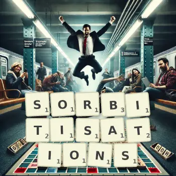 Creative illustration for a Scrabble game with the word SORBITISATIONS spelled out in tiles on the board.
