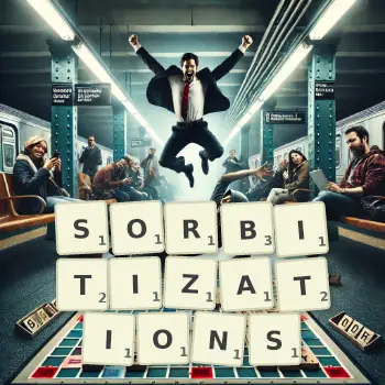 Creative illustration for a Scrabble game with the word SORBITIZATIONS spelled out in tiles on the board.