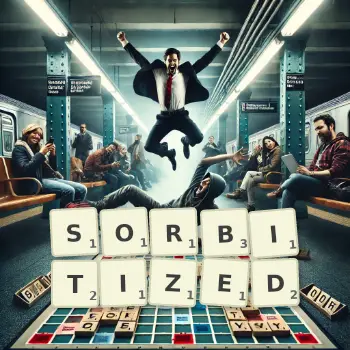 Creative illustration for a Scrabble game with the word SORBITIZED spelled out in tiles on the board.