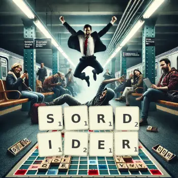 Creative illustration for a Scrabble game with the word SORDIDER spelled out in tiles on the board.