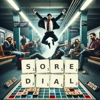 Creative illustration for a Scrabble game with the word SOREDIAL spelled out in tiles on the board.