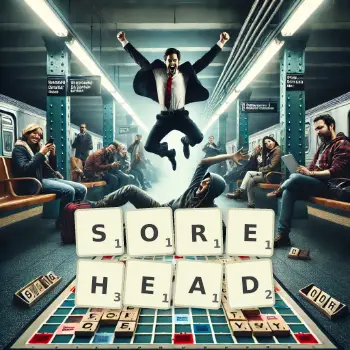 Creative illustration for a Scrabble game with the word SOREHEAD spelled out in tiles on the board.