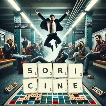 Creative illustration for a Scrabble game with the word SORICINE spelled out in tiles on the board.