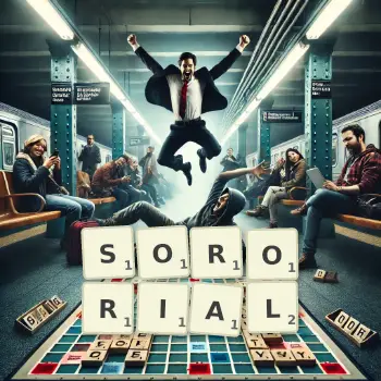 Creative illustration for a Scrabble game with the word SORORIAL spelled out in tiles on the board.