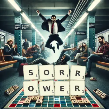 Creative illustration for a Scrabble game with the word SORROWER spelled out in tiles on the board.