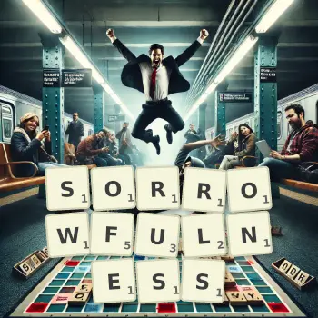 Creative illustration for a Scrabble game with the word SORROWFULNESS spelled out in tiles on the board.