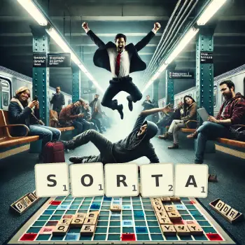 Creative illustration for a Scrabble game with the word SORTA spelled out in tiles on the board.