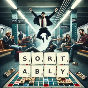 Creative illustration for a Scrabble game with the word SORTABLY spelled out in tiles on the board.
