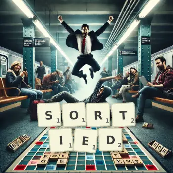 Creative illustration for a Scrabble game with the word SORTIED spelled out in tiles on the board.