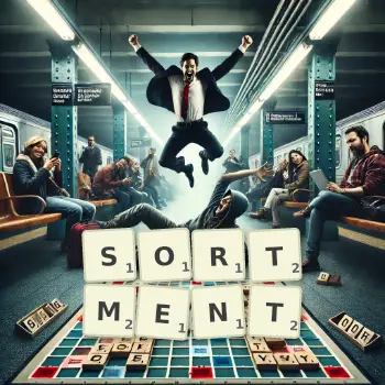 Creative illustration for a Scrabble game with the word SORTMENT spelled out in tiles on the board.