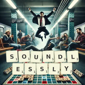 Creative illustration for a Scrabble game with the word SOUNDLESSLY spelled out in tiles on the board.