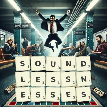 Creative illustration for a Scrabble game with the word SOUNDLESSNESSES spelled out in tiles on the board.