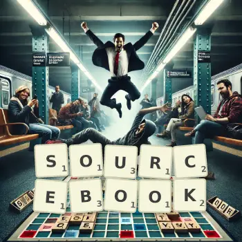 Creative illustration for a Scrabble game with the word SOURCEBOOK spelled out in tiles on the board.