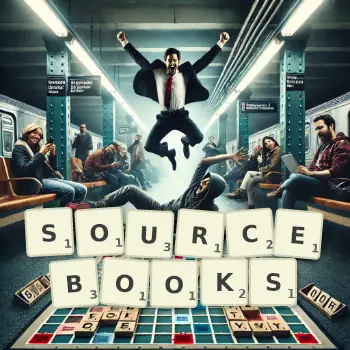 Creative illustration for a Scrabble game with the word SOURCEBOOKS spelled out in tiles on the board.