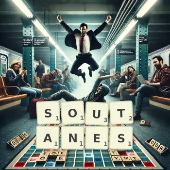 Creative illustration for a Scrabble game with the word SOUTANES spelled out in tiles on the board.