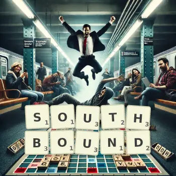 Creative illustration for a Scrabble game with the word SOUTHBOUND spelled out in tiles on the board.